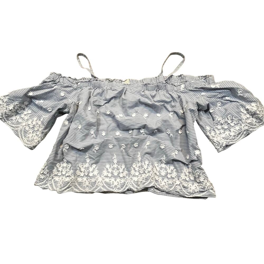 A New Day Women’s 2X Blue White Embroidered Off Shoulder Crop‎ Top Boho Peasant